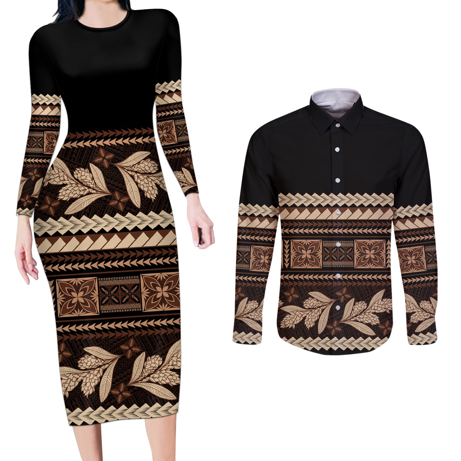 Black Samoa Siapo Teuila Flowers Couples Matching Long Sleeve Bodycon Dress and Long Sleeve Button Shirt LT14 Black - Polynesian Pride