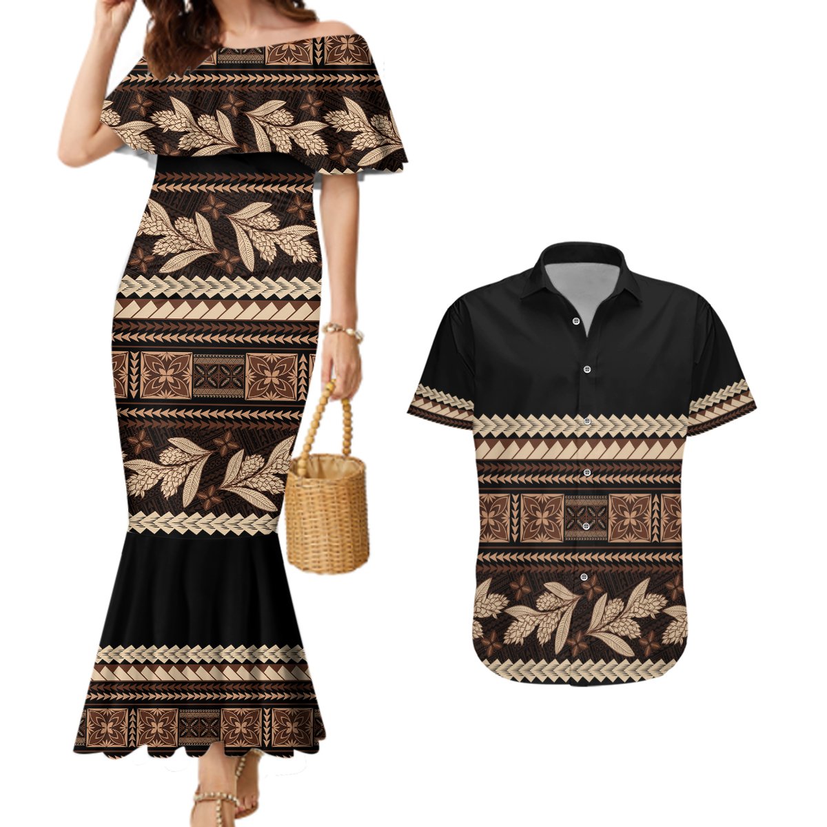 Black Samoa Siapo Teuila Flowers Couples Matching Mermaid Dress and Hawaiian Shirt LT14 Black - Polynesian Pride
