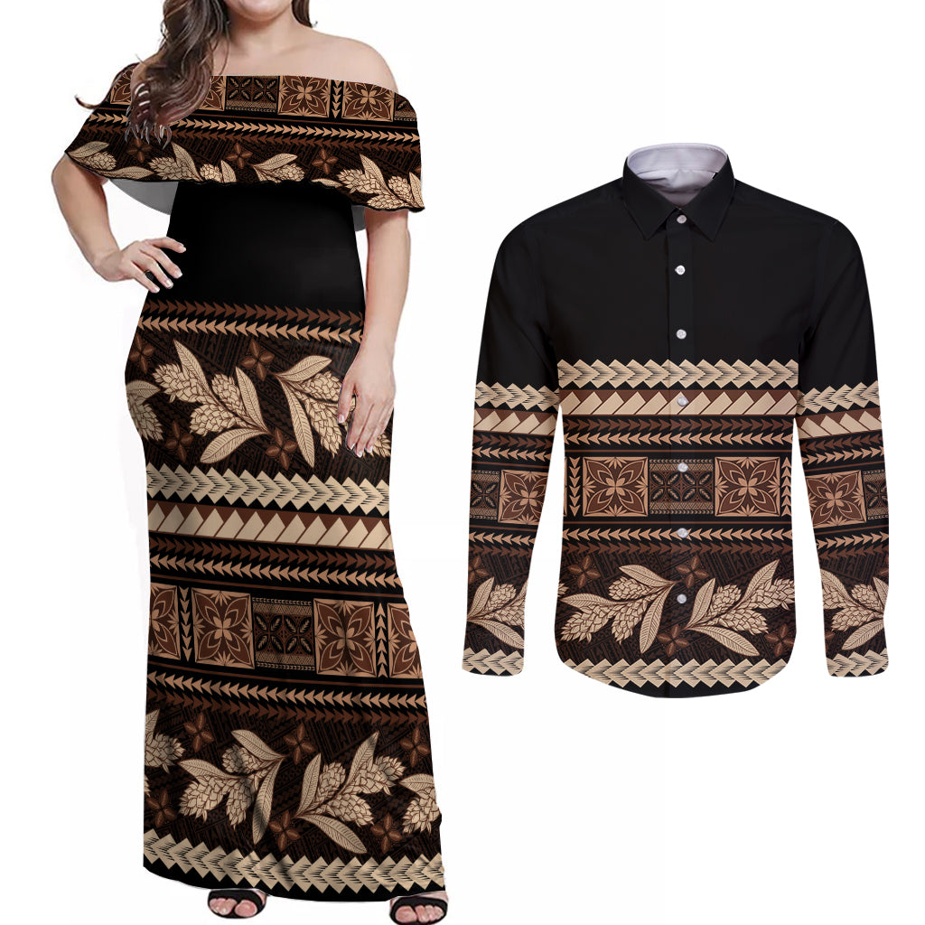 Black Samoa Siapo Teuila Flowers Couples Matching Off Shoulder Maxi Dress and Long Sleeve Button Shirt LT14 Black - Polynesian Pride