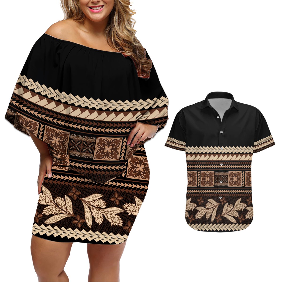 Black Samoa Siapo Teuila Flowers Couples Matching Off Shoulder Short Dress and Hawaiian Shirt LT14 Black - Polynesian Pride