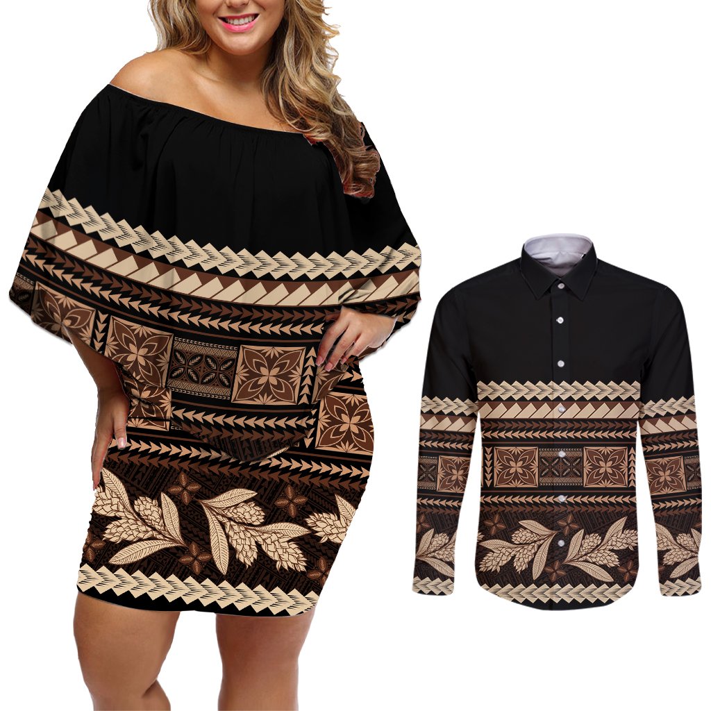 Black Samoa Siapo Teuila Flowers Couples Matching Off Shoulder Short Dress and Long Sleeve Button Shirt LT14 Black - Polynesian Pride