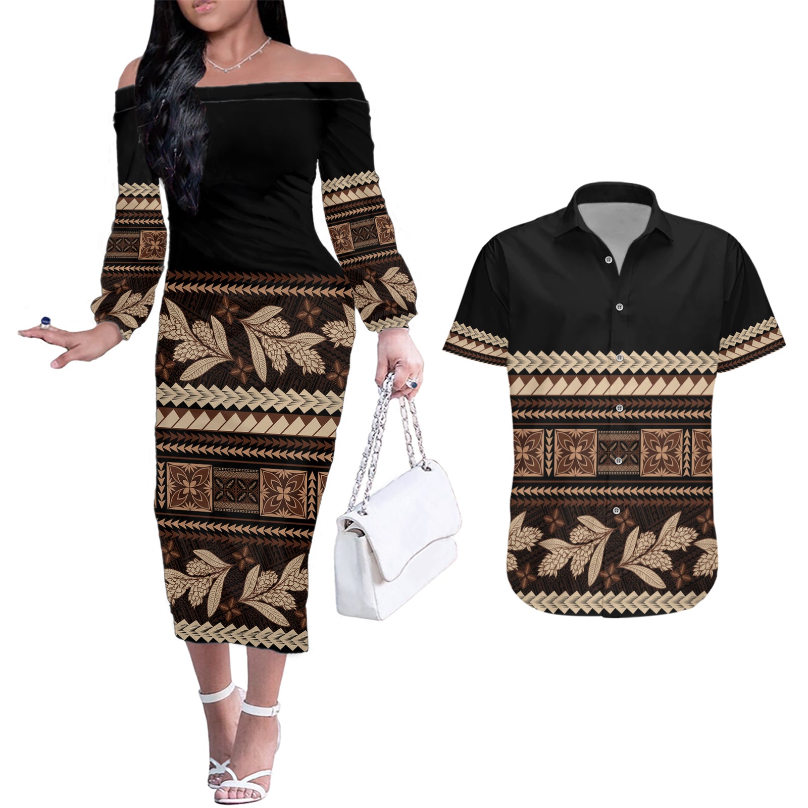Black Samoa Siapo Teuila Flowers Couples Matching Off The Shoulder Long Sleeve Dress and Hawaiian Shirt LT14 Black - Polynesian Pride