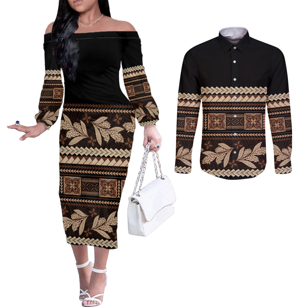 Black Samoa Siapo Teuila Flowers Couples Matching Off The Shoulder Long Sleeve Dress and Long Sleeve Button Shirt LT14 Black - Polynesian Pride