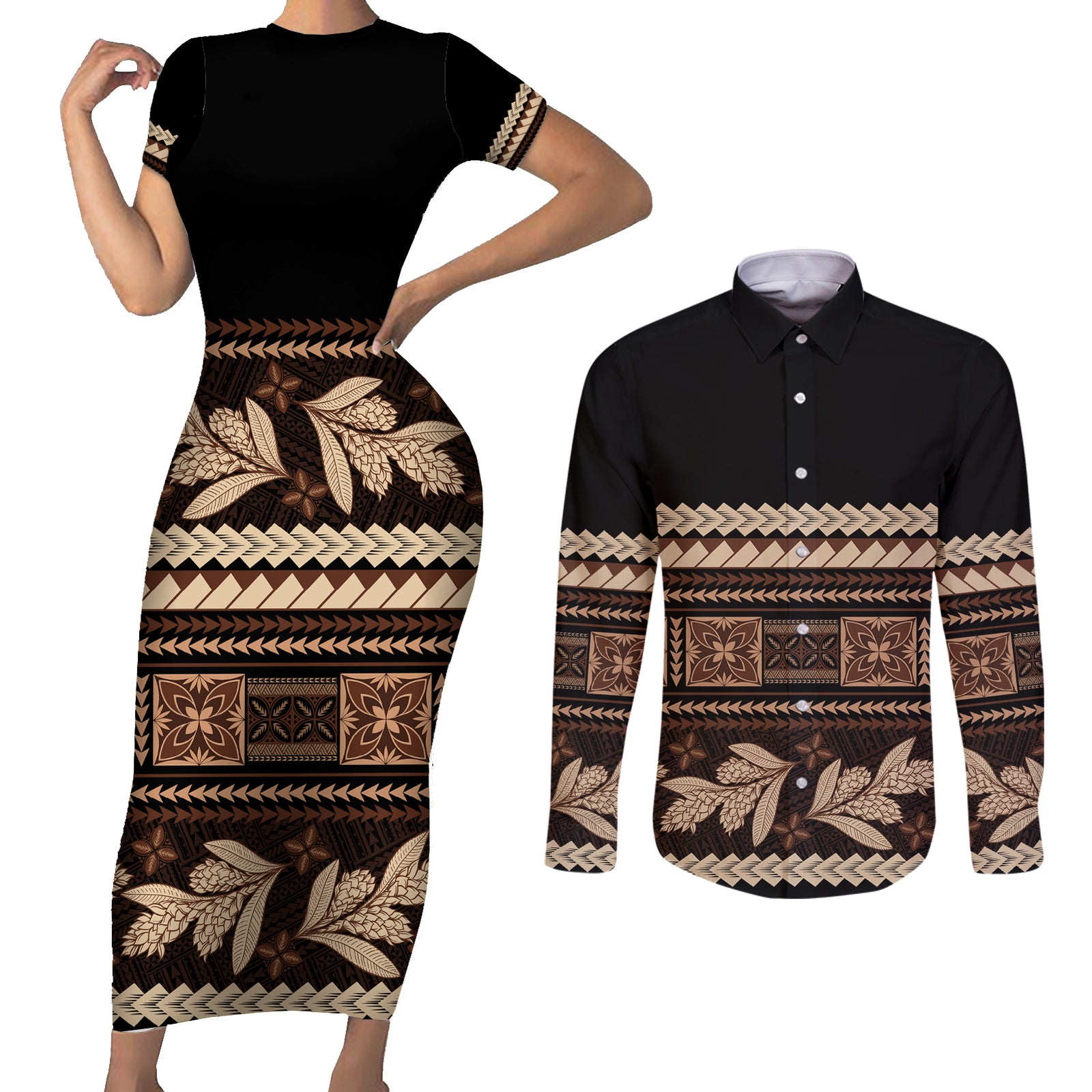 Black Samoa Siapo Teuila Flowers Couples Matching Short Sleeve Bodycon Dress and Long Sleeve Button Shirt LT14 Black - Polynesian Pride