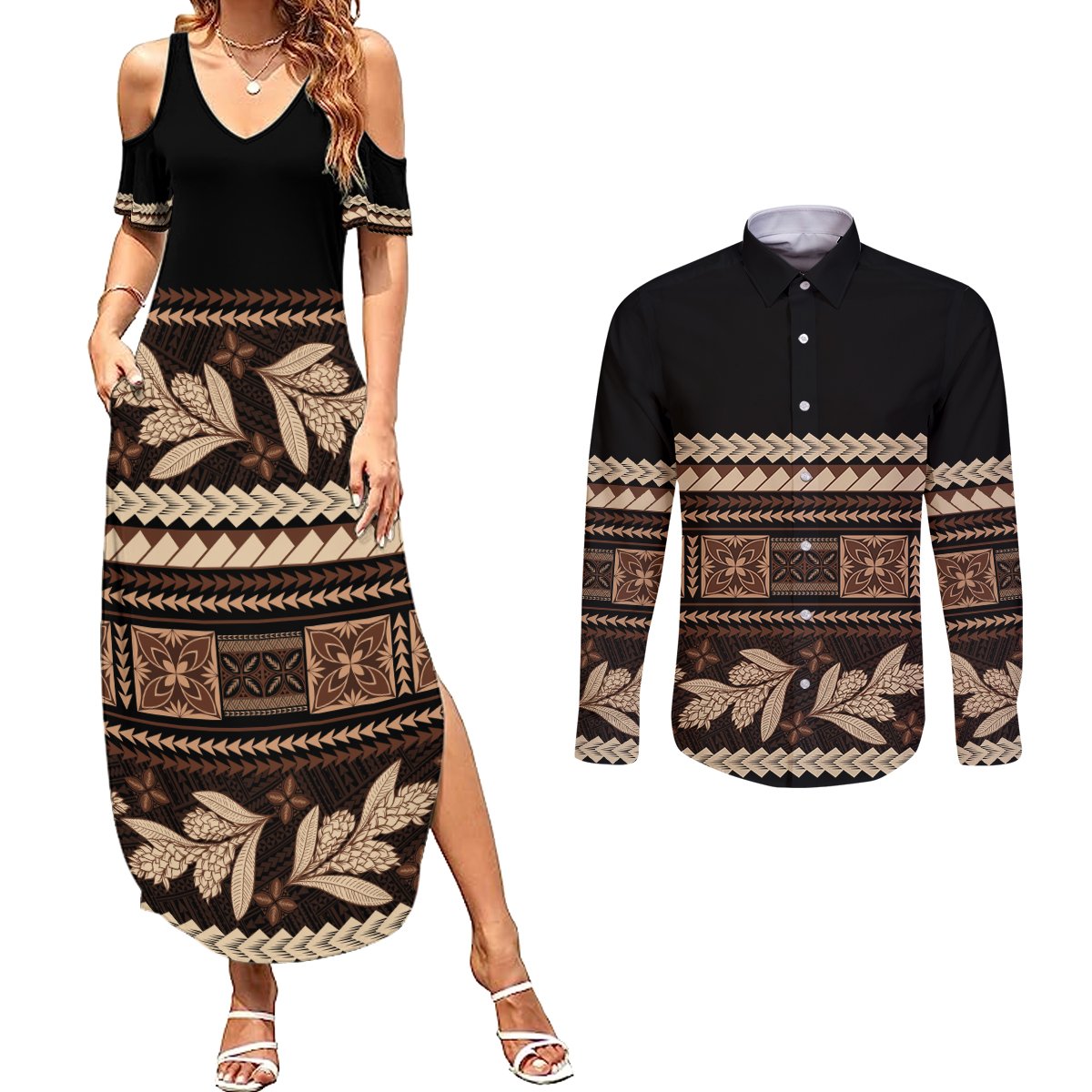 Black Samoa Siapo Teuila Flowers Couples Matching Summer Maxi Dress and Long Sleeve Button Shirt LT14 Black - Polynesian Pride