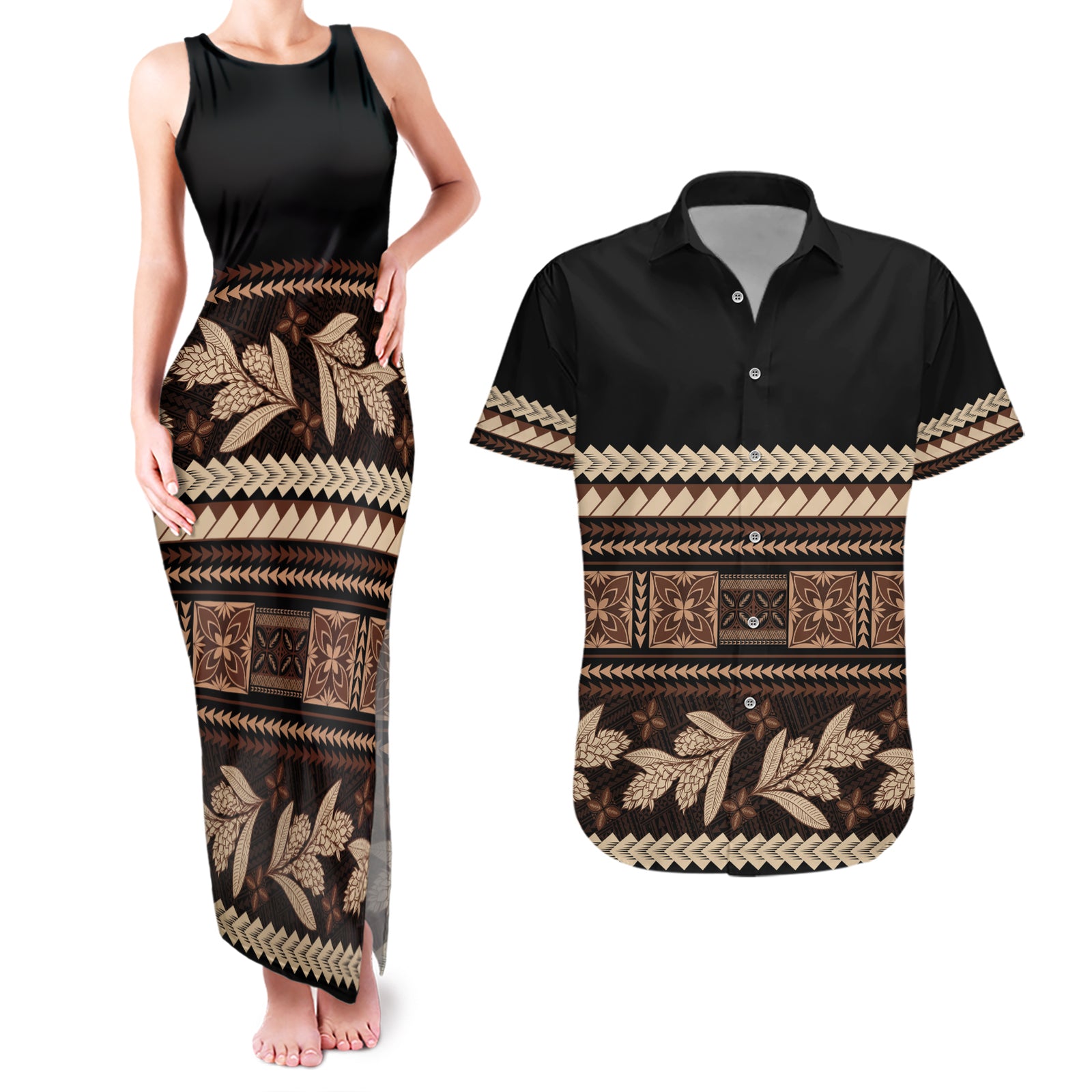 Black Samoa Siapo Teuila Flowers Couples Matching Tank Maxi Dress and Hawaiian Shirt LT14 Black - Polynesian Pride