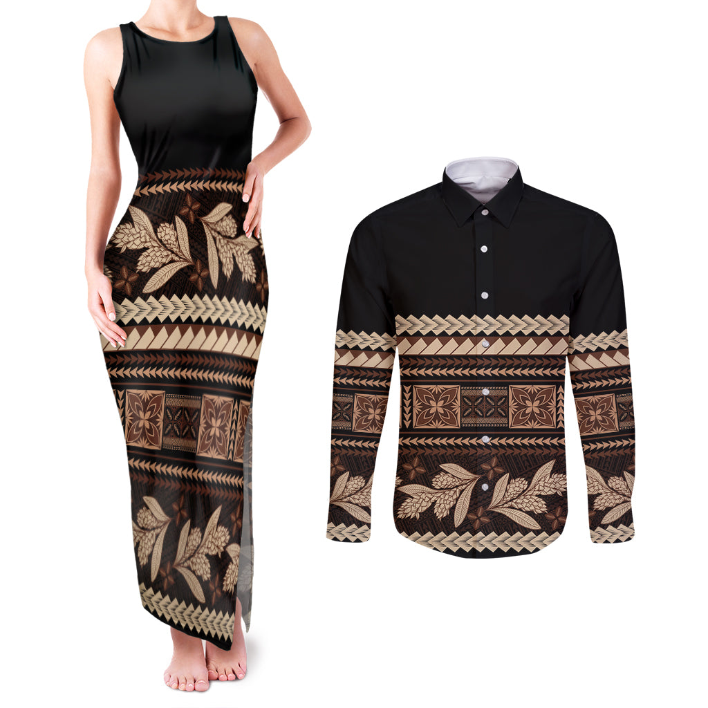 Black Samoa Siapo Teuila Flowers Couples Matching Tank Maxi Dress and Long Sleeve Button Shirt LT14 Black - Polynesian Pride