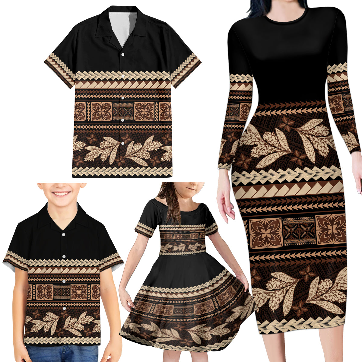Black Samoa Siapo Teuila Flowers Family Matching Long Sleeve Bodycon Dress and Hawaiian Shirt LT14 - Polynesian Pride