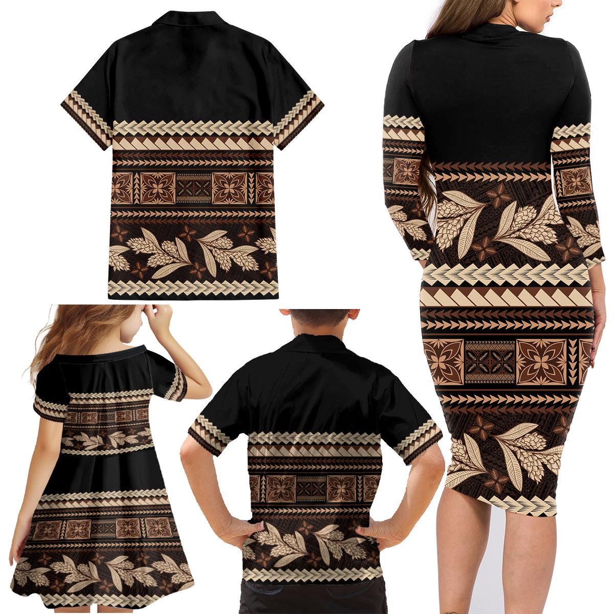 Black Samoa Siapo Teuila Flowers Family Matching Long Sleeve Bodycon Dress and Hawaiian Shirt