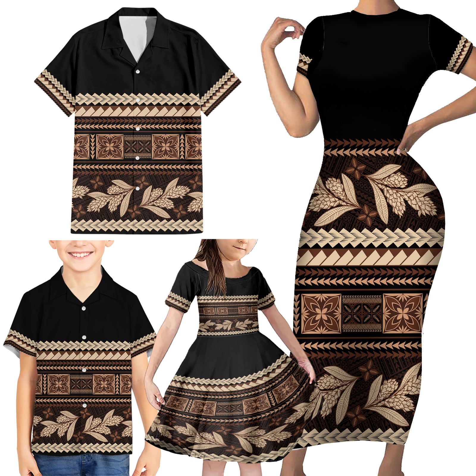 Black Samoa Siapo Teuila Flowers Family Matching Short Sleeve Bodycon Dress and Hawaiian Shirt LT14 - Polynesian Pride