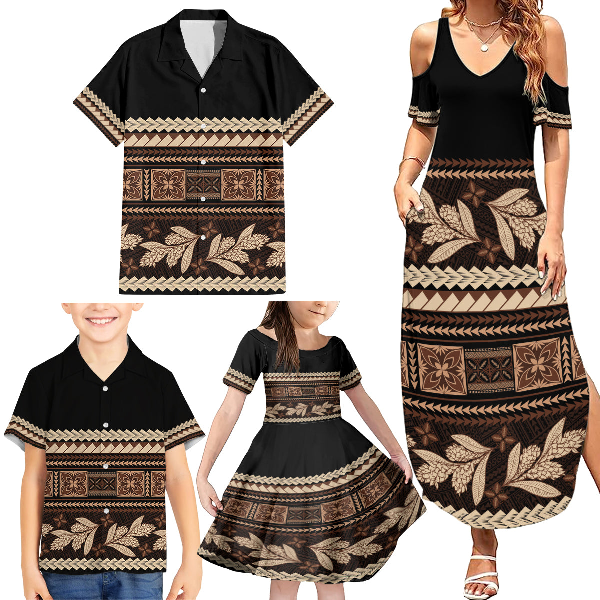 Black Samoa Siapo Teuila Flowers Family Matching Summer Maxi Dress and Hawaiian Shirt LT14 - Polynesian Pride