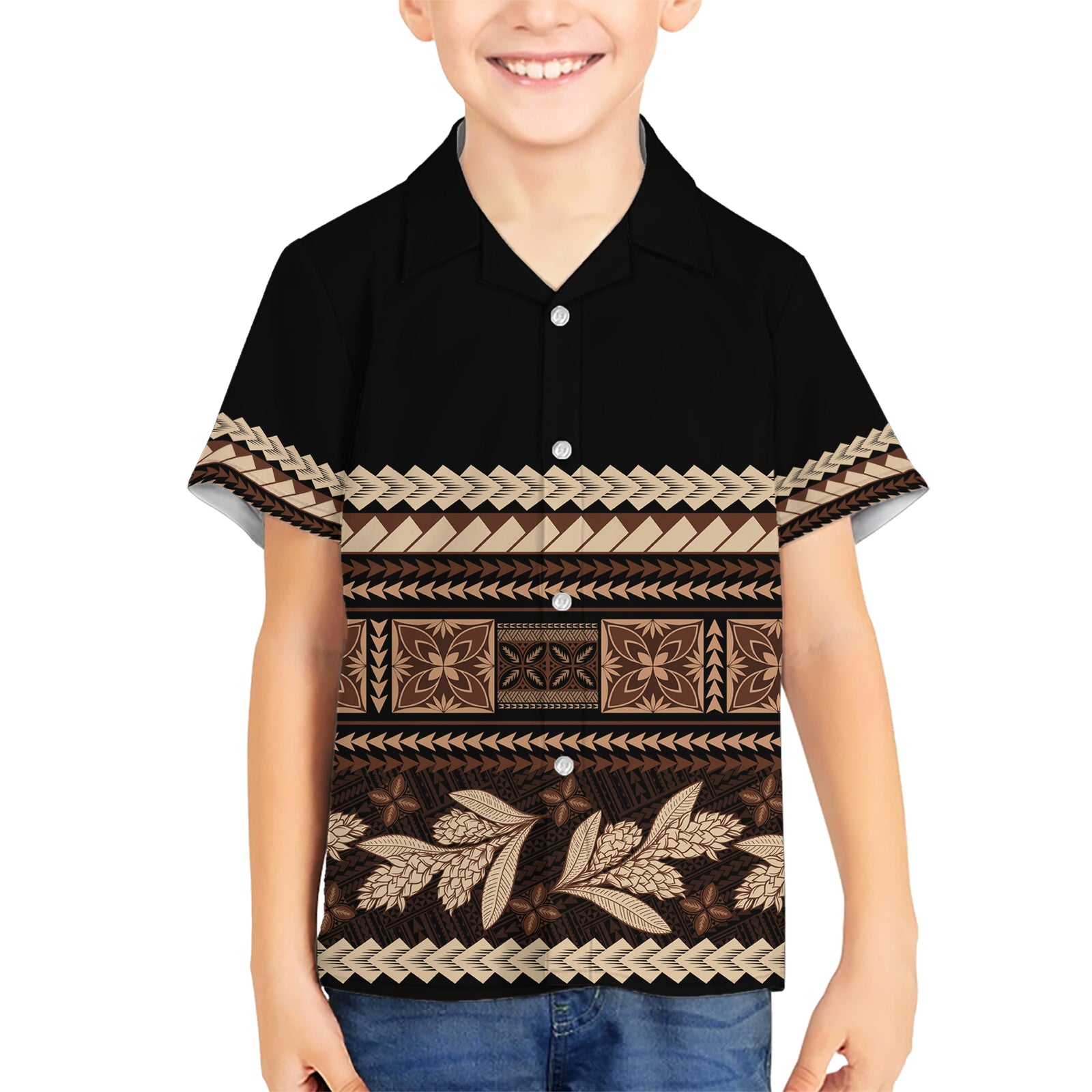 Black Samoa Siapo Teuila Flowers Kid Hawaiian Shirt LT14 Kid Black - Polynesian Pride