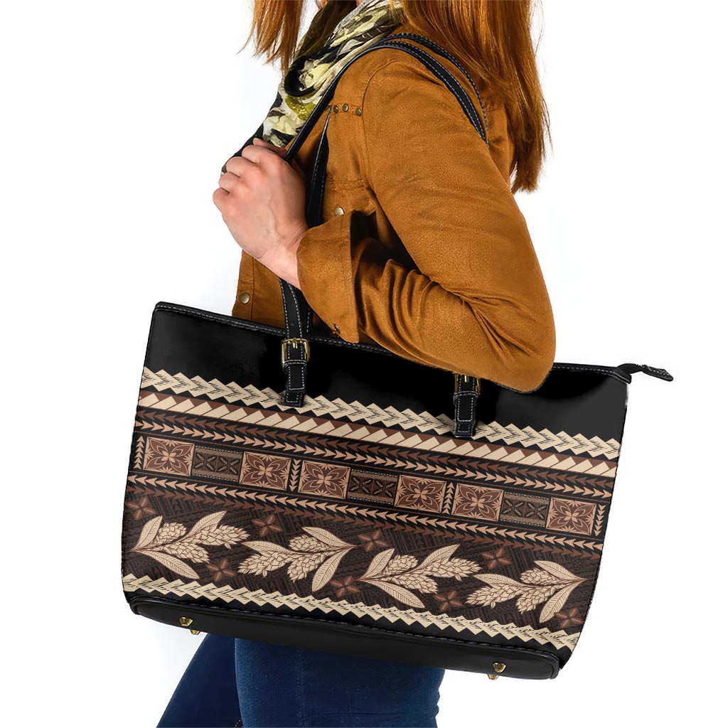 Black Samoa Siapo Teuila Flowers Leather Tote Bag LT14 Black - Polynesian Pride