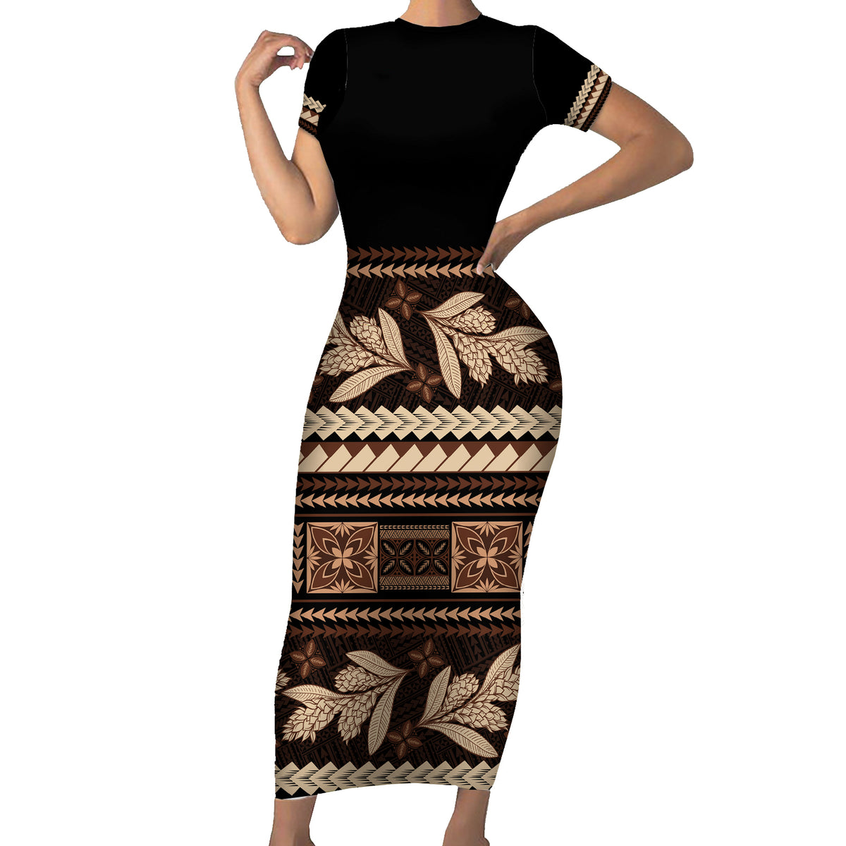 Black Samoa Siapo Teuila Flowers Short Sleeve Bodycon Dress LT14 Long Dress Black - Polynesian Pride