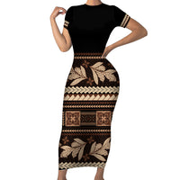 Black Samoa Siapo Teuila Flowers Short Sleeve Bodycon Dress LT14 Long Dress Black - Polynesian Pride