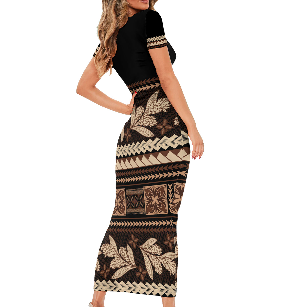 Black Samoa Siapo Teuila Flowers Short Sleeve Bodycon Dress LT14 - Polynesian Pride