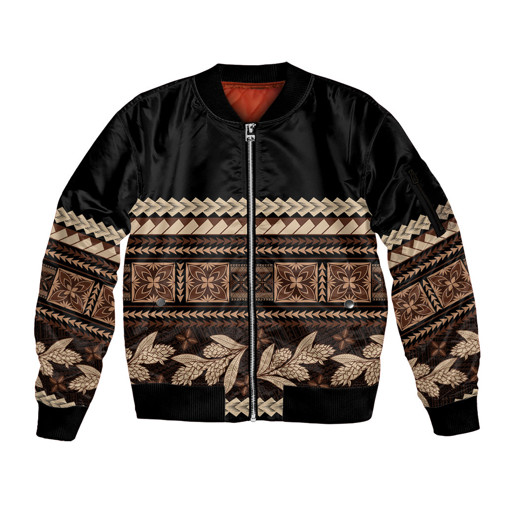 Black Samoa Siapo Teuila Flowers Sleeve Zip Bomber Jacket LT14 Unisex Black - Polynesian Pride