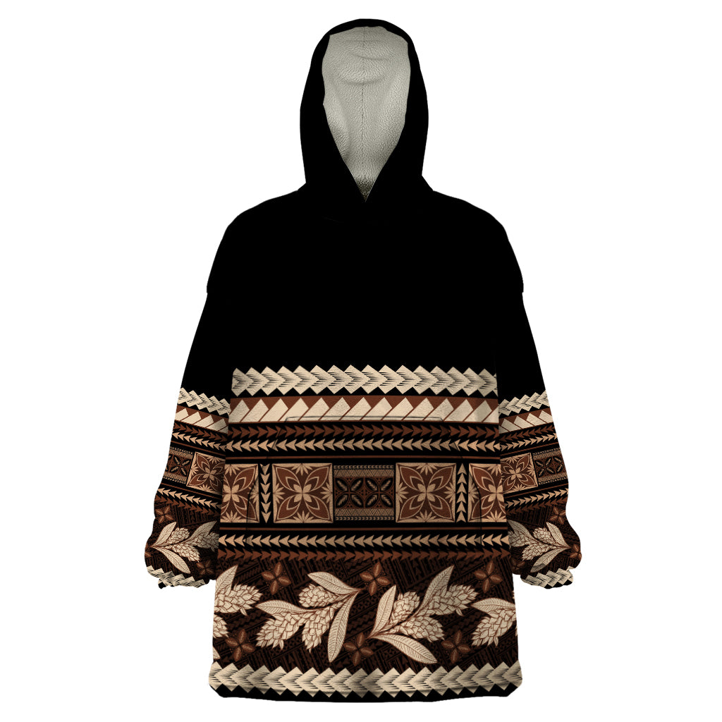 Black Samoa Siapo Teuila Flowers Wearable Blanket Hoodie LT14 One Size Black - Polynesian Pride