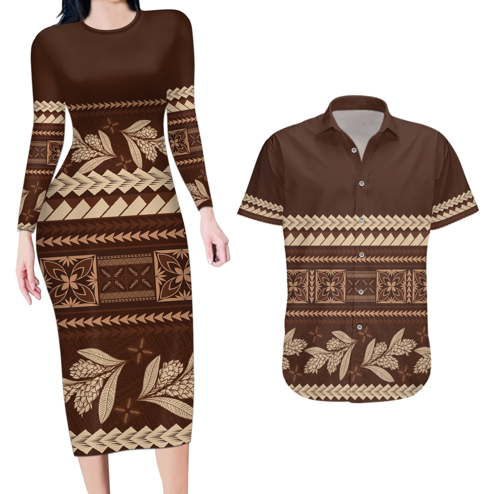Brown Samoa Siapo Teuila Flowers Couples Matching Long Sleeve Bodycon Dress and Hawaiian Shirt LT14 Brown - Polynesian Pride