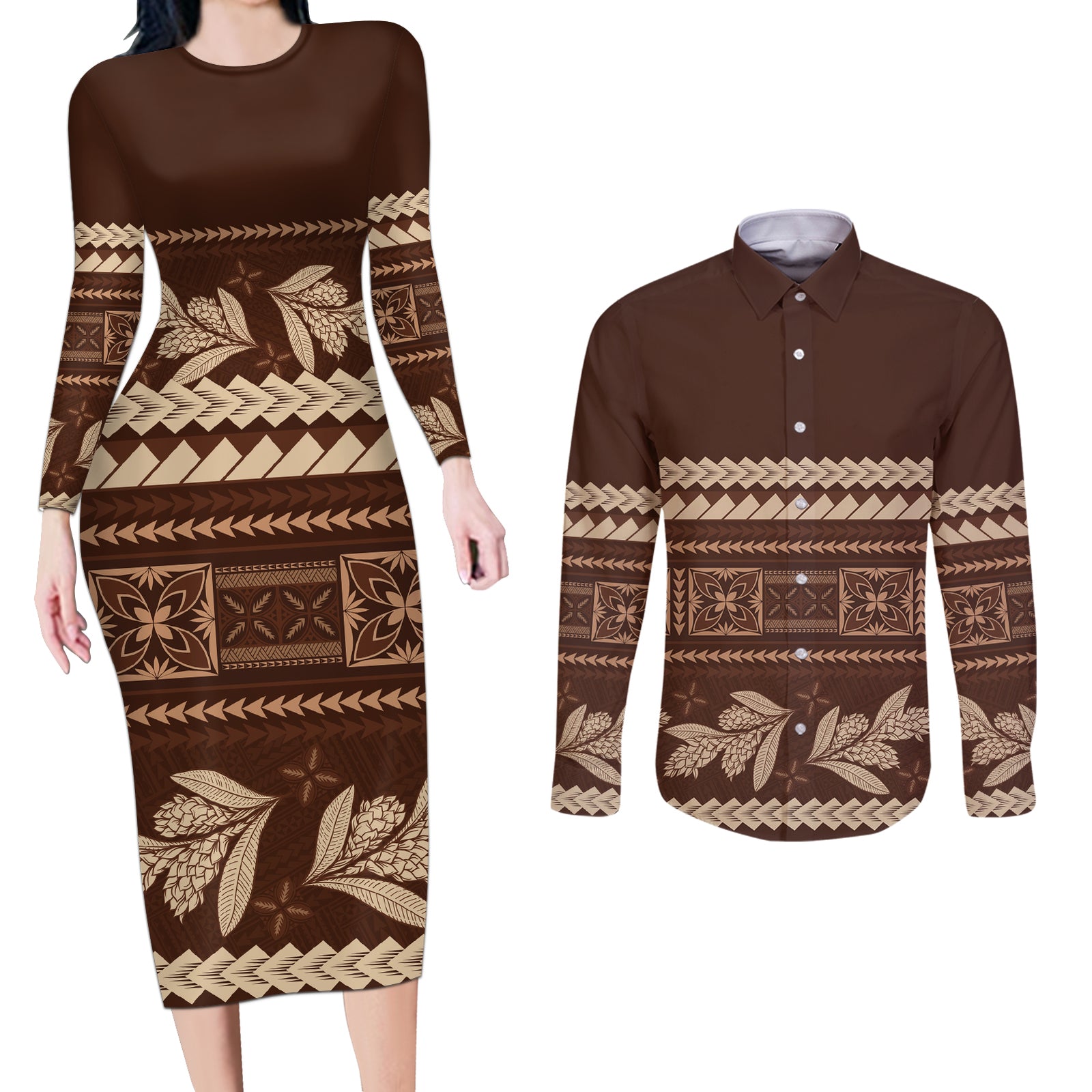 Brown Samoa Siapo Teuila Flowers Couples Matching Long Sleeve Bodycon Dress and Long Sleeve Button Shirt LT14 Brown - Polynesian Pride