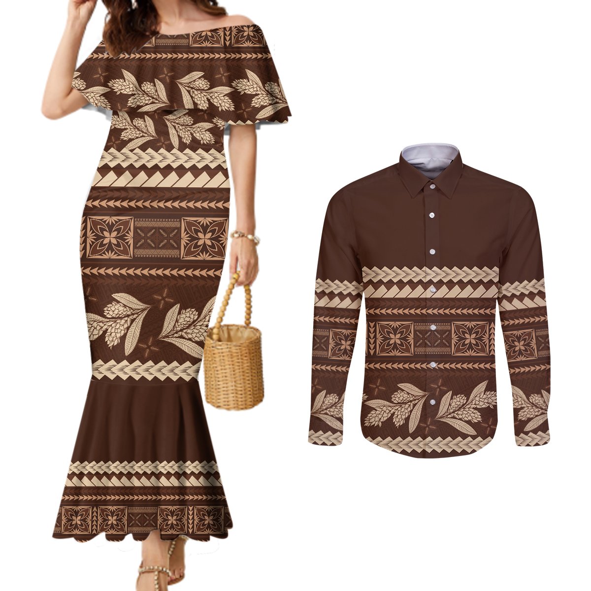 Brown Samoa Siapo Teuila Flowers Couples Matching Mermaid Dress and Long Sleeve Button Shirt LT14 Brown - Polynesian Pride