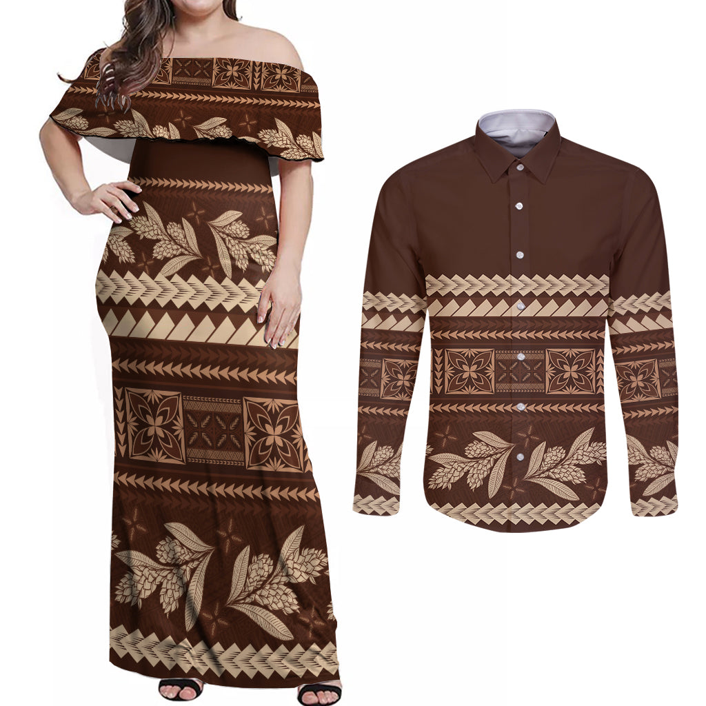 Brown Samoa Siapo Teuila Flowers Couples Matching Off Shoulder Maxi Dress and Long Sleeve Button Shirt LT14 Brown - Polynesian Pride