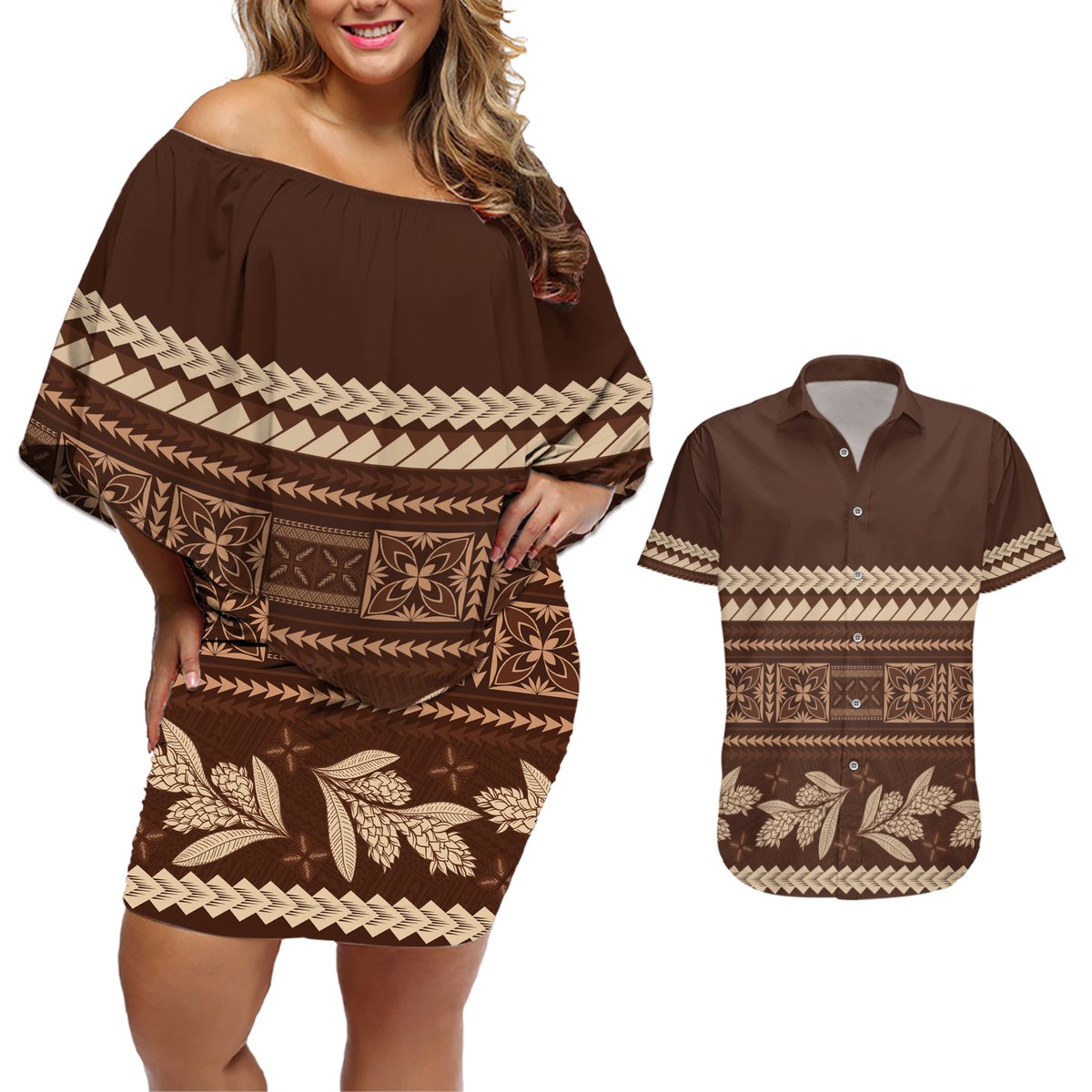 Brown Samoa Siapo Teuila Flowers Couples Matching Off Shoulder Short Dress and Hawaiian Shirt LT14 Brown - Polynesian Pride