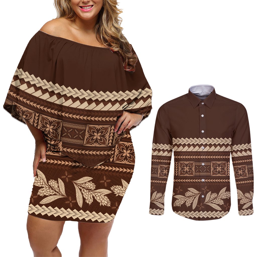 Brown Samoa Siapo Teuila Flowers Couples Matching Off Shoulder Short Dress and Long Sleeve Button Shirt LT14 Brown - Polynesian Pride