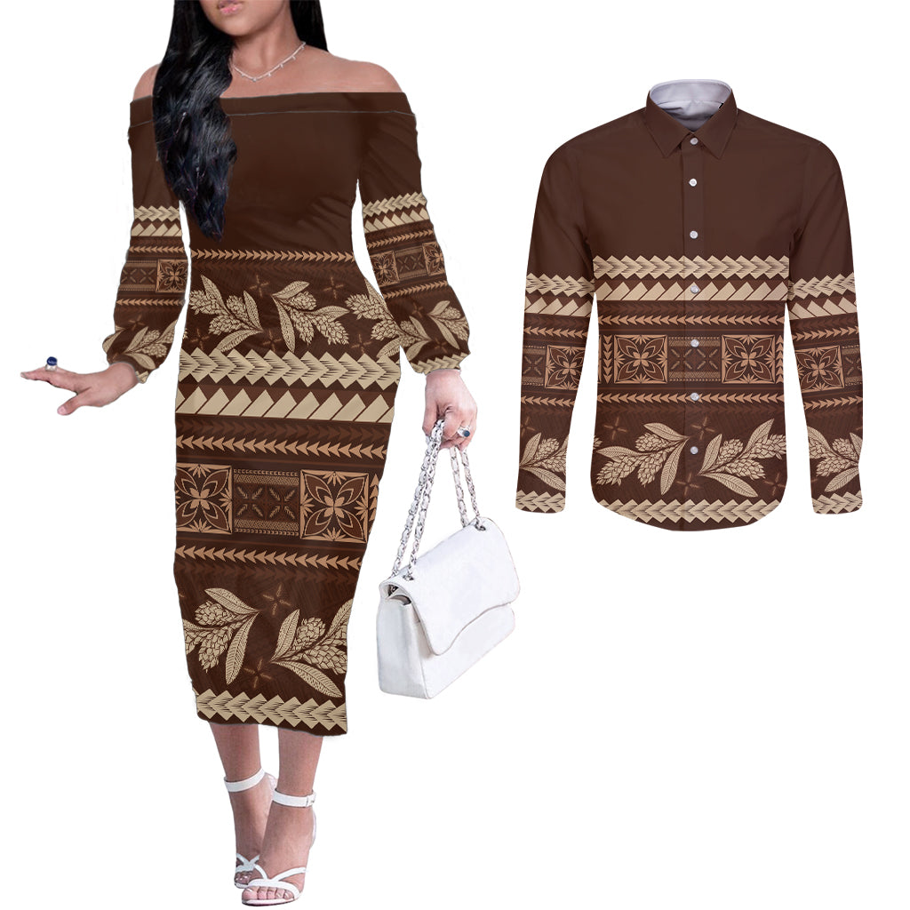Brown Samoa Siapo Teuila Flowers Couples Matching Off The Shoulder Long Sleeve Dress and Long Sleeve Button Shirt LT14 Brown - Polynesian Pride