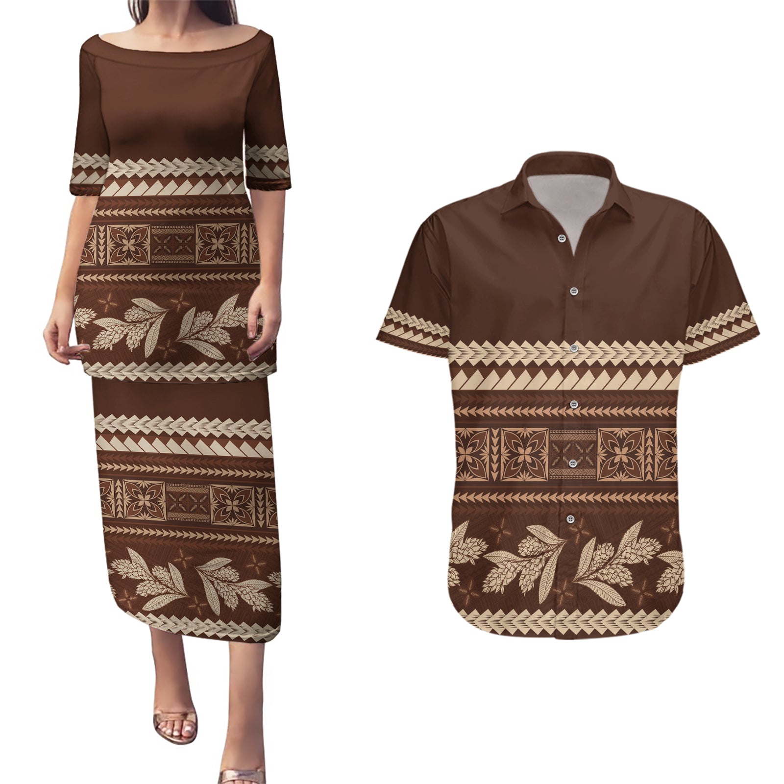 Brown Samoa Siapo Teuila Flowers Couples Matching Puletasi and Hawaiian Shirt LT14 Brown - Polynesian Pride