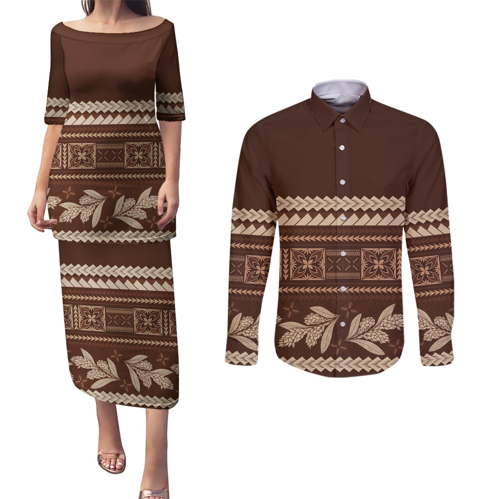 Brown Samoa Siapo Teuila Flowers Couples Matching Puletasi and Long Sleeve Button Shirt LT14 Brown - Polynesian Pride