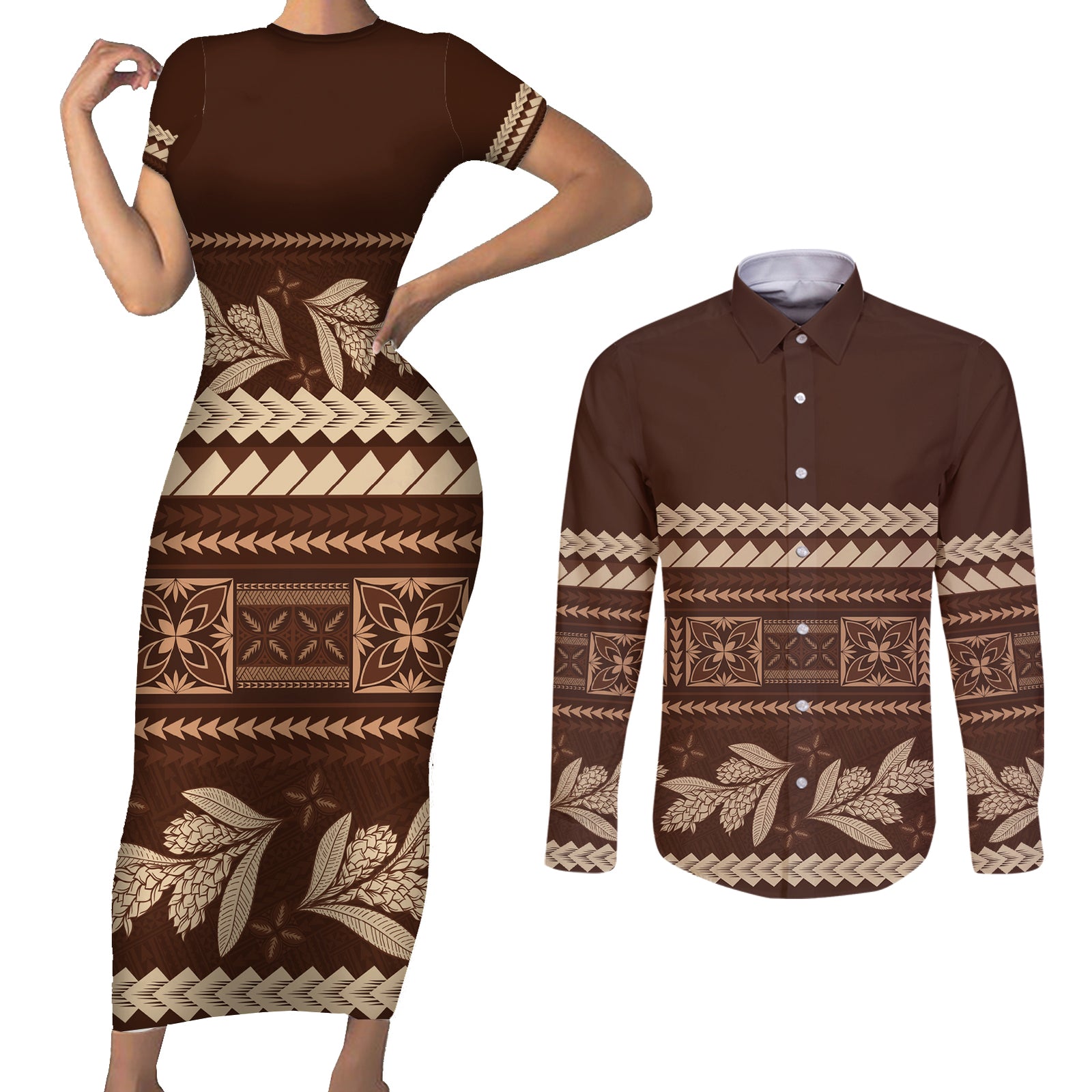 Brown Samoa Siapo Teuila Flowers Couples Matching Short Sleeve Bodycon Dress and Long Sleeve Button Shirt LT14 Brown - Polynesian Pride