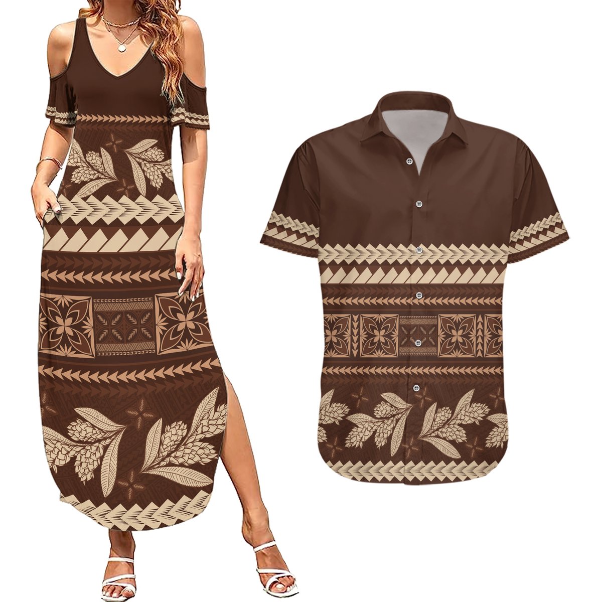 Brown Samoa Siapo Teuila Flowers Couples Matching Summer Maxi Dress and Hawaiian Shirt LT14 Brown - Polynesian Pride