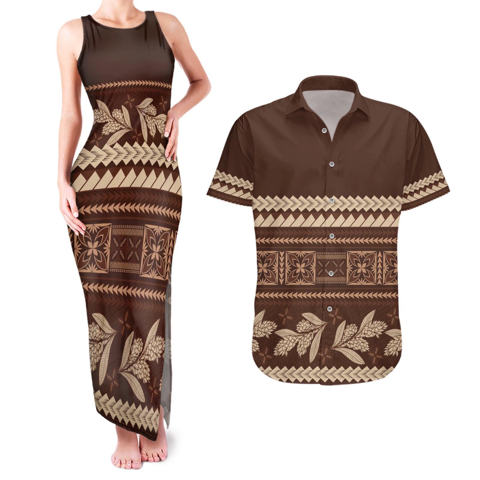 Brown Samoa Siapo Teuila Flowers Couples Matching Tank Maxi Dress and Hawaiian Shirt LT14 Brown - Polynesian Pride