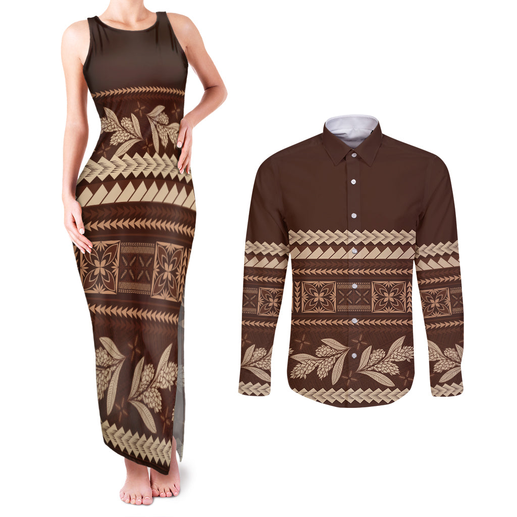 Brown Samoa Siapo Teuila Flowers Couples Matching Tank Maxi Dress and Long Sleeve Button Shirt LT14 Brown - Polynesian Pride