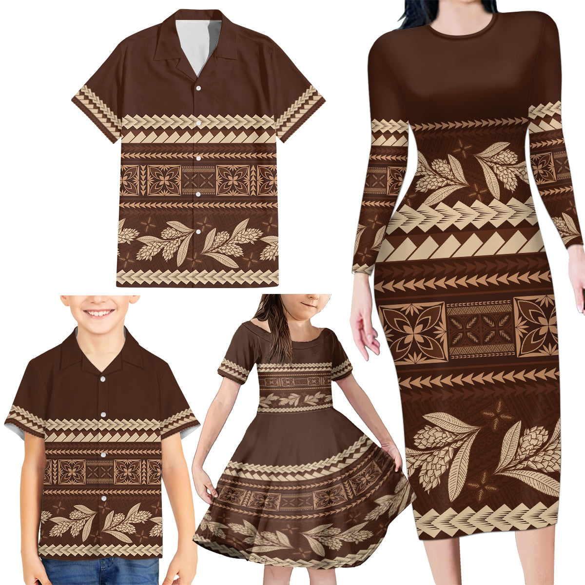 Brown Samoa Siapo Teuila Flowers Family Matching Long Sleeve Bodycon Dress and Hawaiian Shirt LT14 - Polynesian Pride