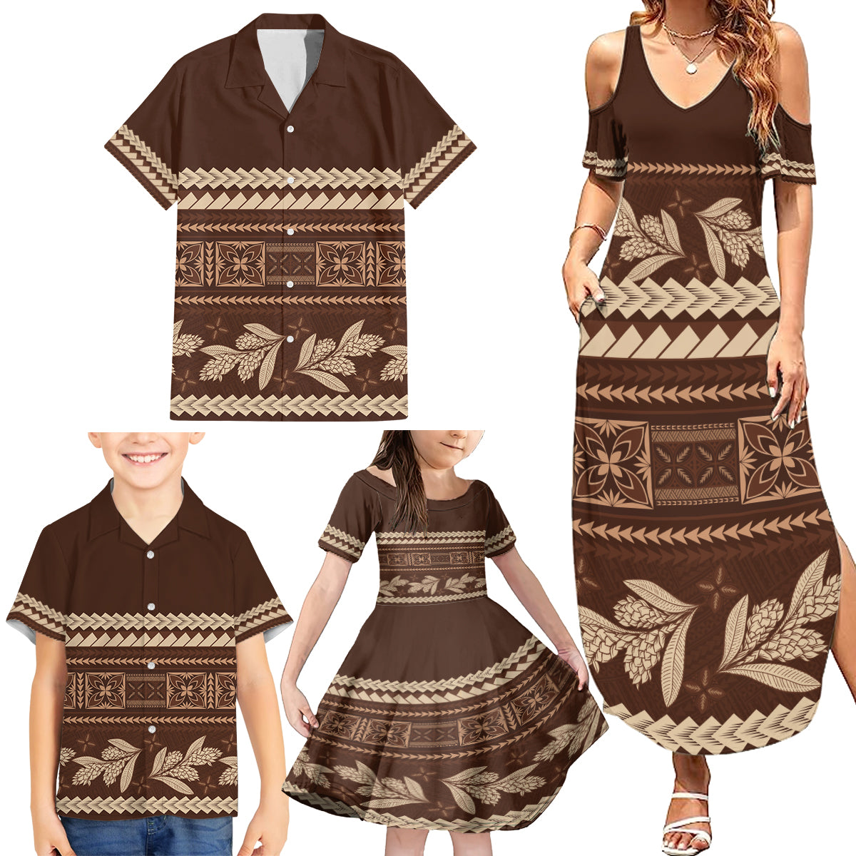 Brown Samoa Siapo Teuila Flowers Family Matching Summer Maxi Dress and Hawaiian Shirt LT14 - Polynesian Pride