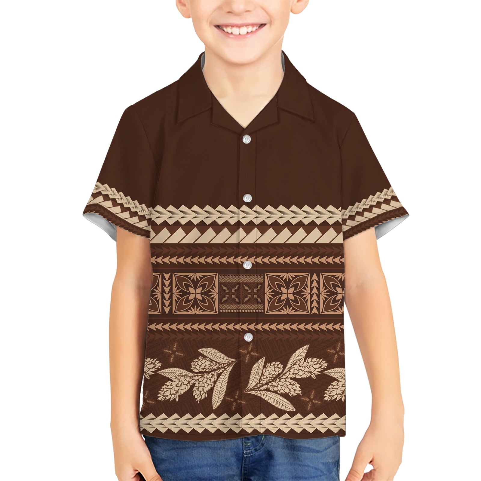 Brown Samoa Siapo Teuila Flowers Kid Hawaiian Shirt LT14 Kid Brown - Polynesian Pride