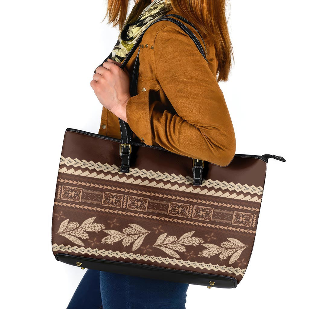 Brown Samoa Siapo Teuila Flowers Leather Tote Bag LT14 Brown - Polynesian Pride