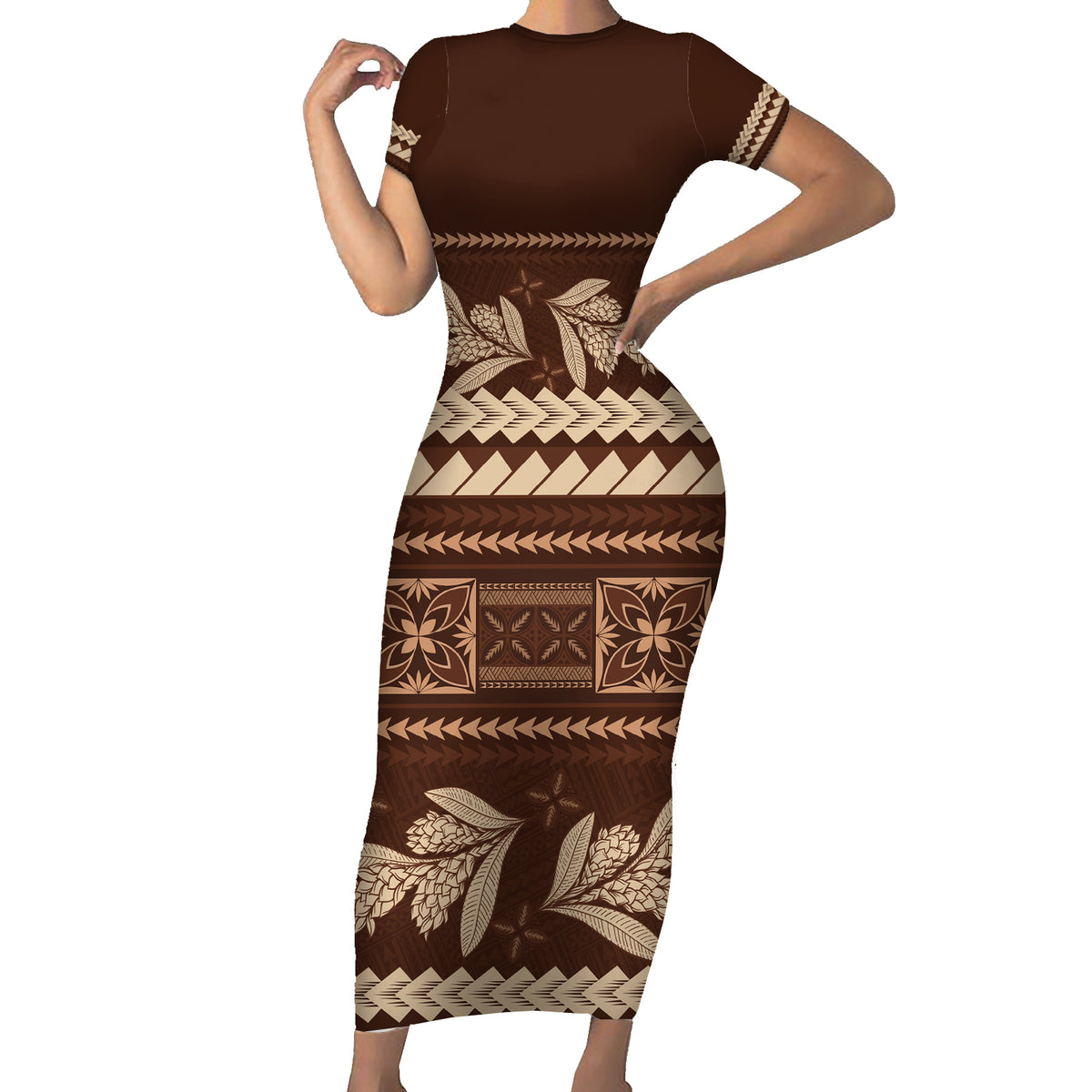Brown Samoa Siapo Teuila Flowers Short Sleeve Bodycon Dress LT14 Long Dress Brown - Polynesian Pride