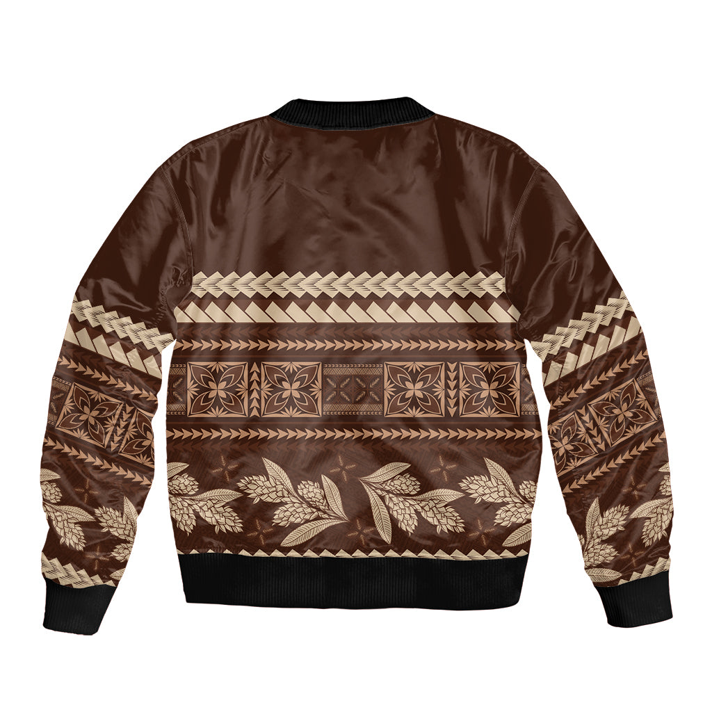 Brown Samoa Siapo Teuila Flowers Sleeve Zip Bomber Jacket LT14 - Polynesian Pride