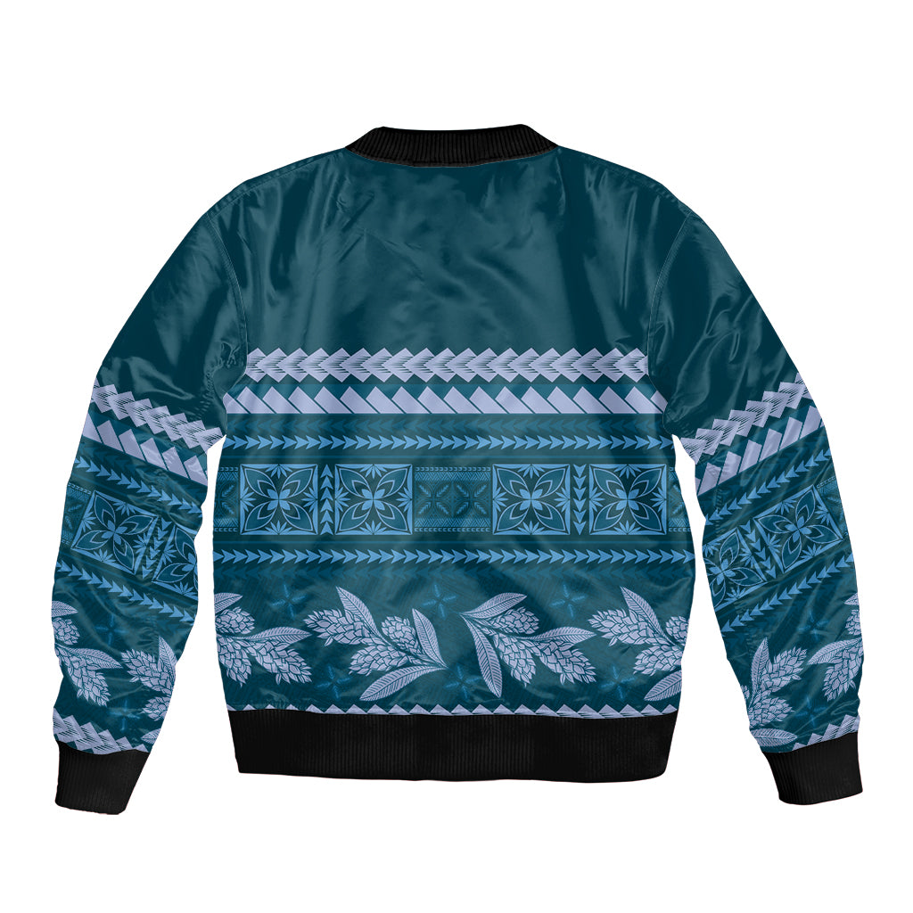 Dark Cyan Samoa Siapo Teuila Flowers Bomber Jacket LT14 - Polynesian Pride