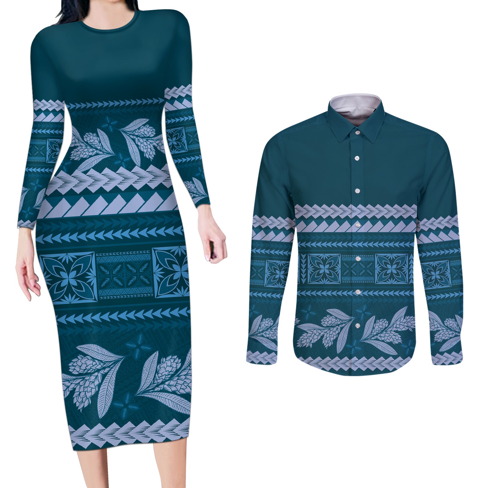 Dark Cyan Samoa Siapo Teuila Flowers Couples Matching Long Sleeve Bodycon Dress and Long Sleeve Button Shirt LT14 Dark Cyan - Polynesian Pride