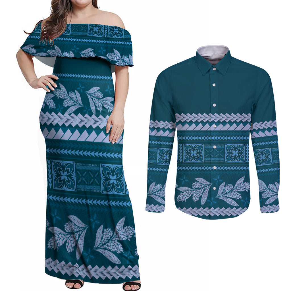 Dark Cyan Samoa Siapo Teuila Flowers Couples Matching Off Shoulder Maxi Dress and Long Sleeve Button Shirt LT14 Dark Cyan - Polynesian Pride