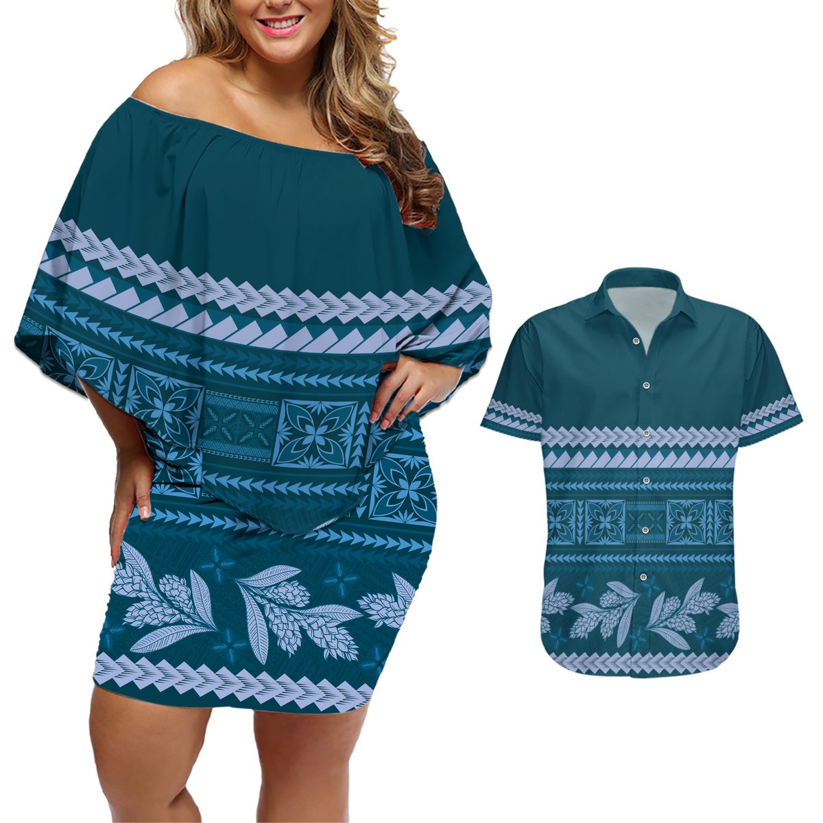Dark Cyan Samoa Siapo Teuila Flowers Couples Matching Off Shoulder Short Dress and Hawaiian Shirt LT14 Dark Cyan - Polynesian Pride