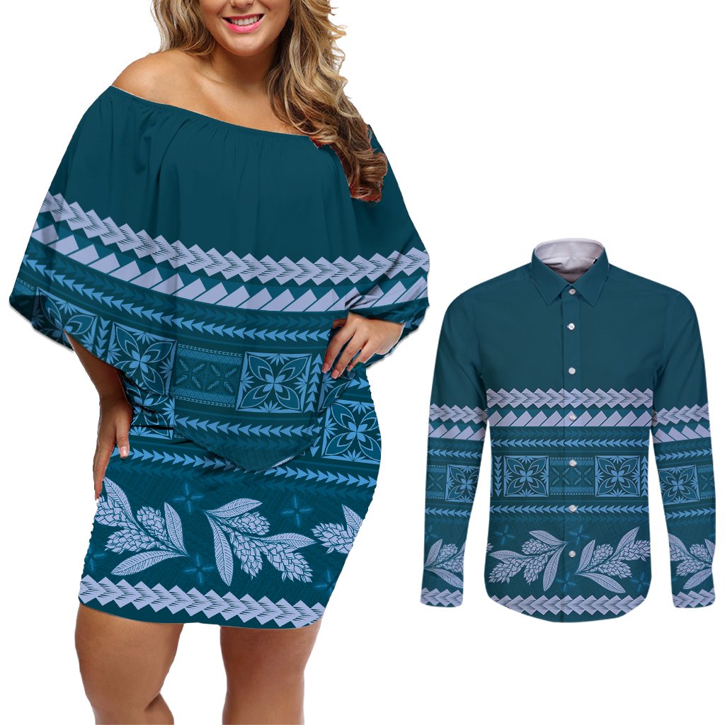 Dark Cyan Samoa Siapo Teuila Flowers Couples Matching Off Shoulder Short Dress and Long Sleeve Button Shirt LT14 Dark Cyan - Polynesian Pride