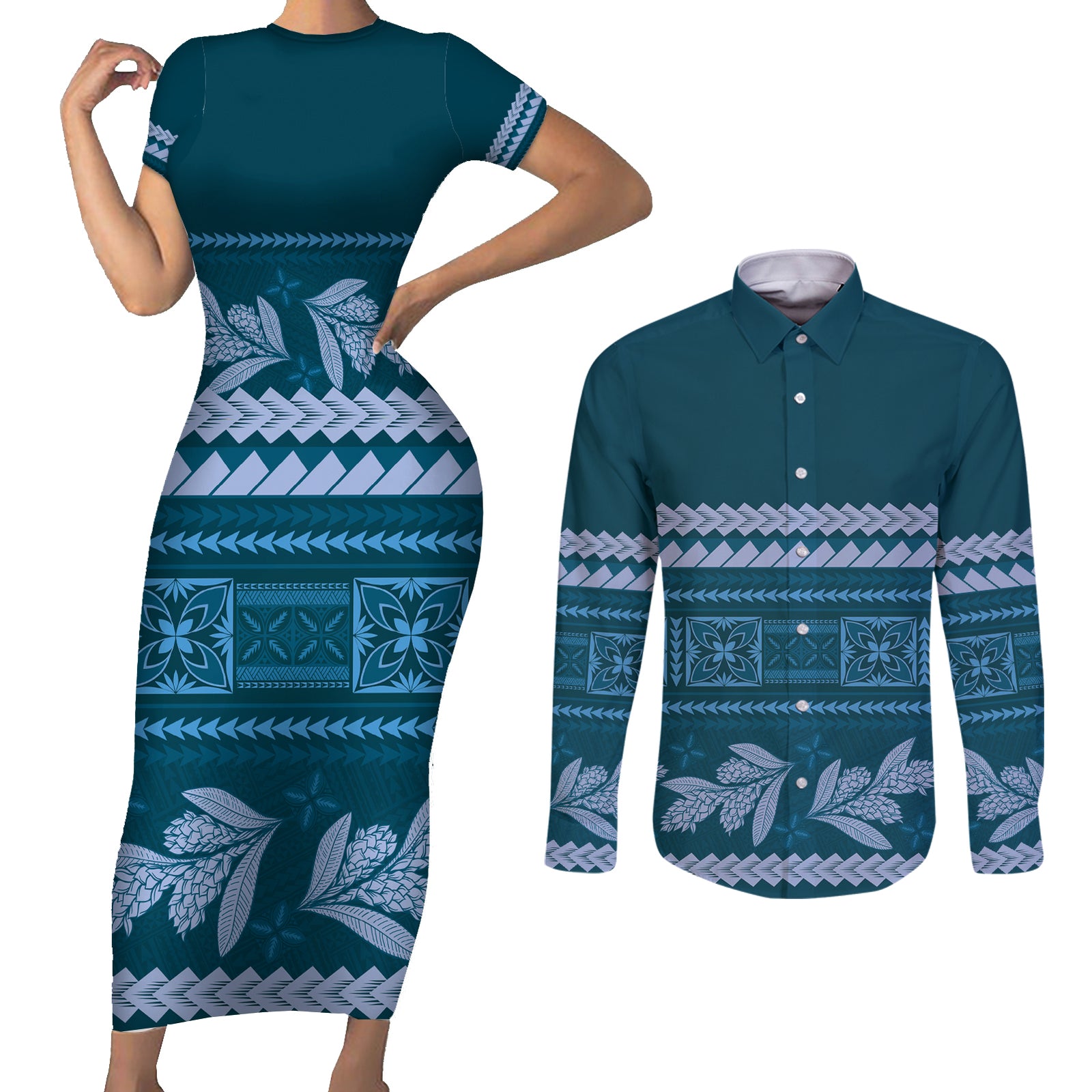 Dark Cyan Samoa Siapo Teuila Flowers Couples Matching Short Sleeve Bodycon Dress and Long Sleeve Button Shirt LT14 Dark Cyan - Polynesian Pride