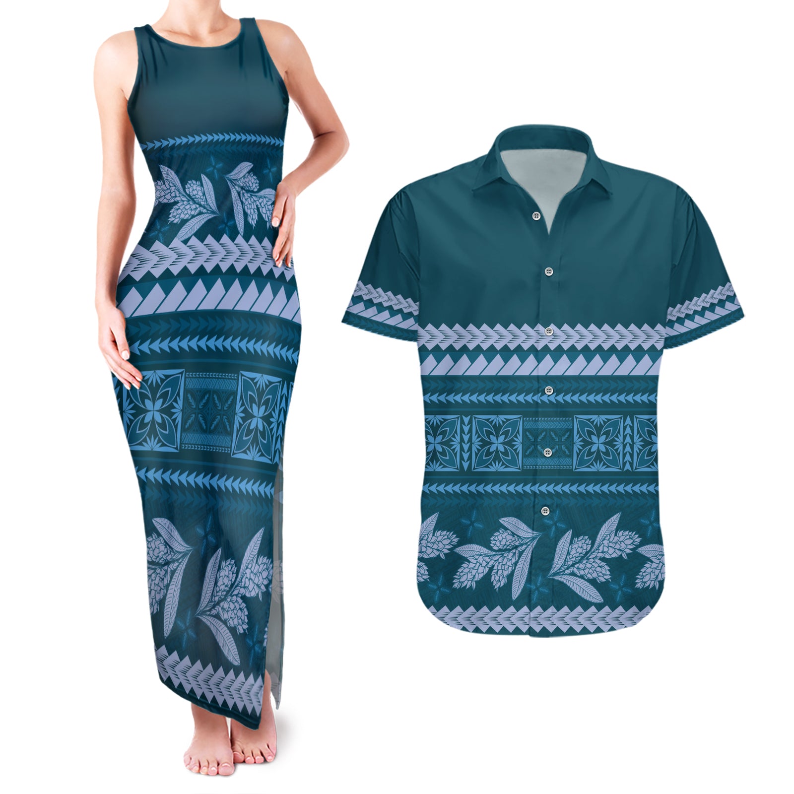 Dark Cyan Samoa Siapo Teuila Flowers Couples Matching Tank Maxi Dress and Hawaiian Shirt LT14 Dark Cyan - Polynesian Pride