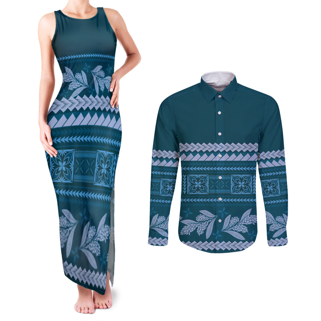 Dark Cyan Samoa Siapo Teuila Flowers Couples Matching Tank Maxi Dress and Long Sleeve Button Shirt LT14 Dark Cyan - Polynesian Pride