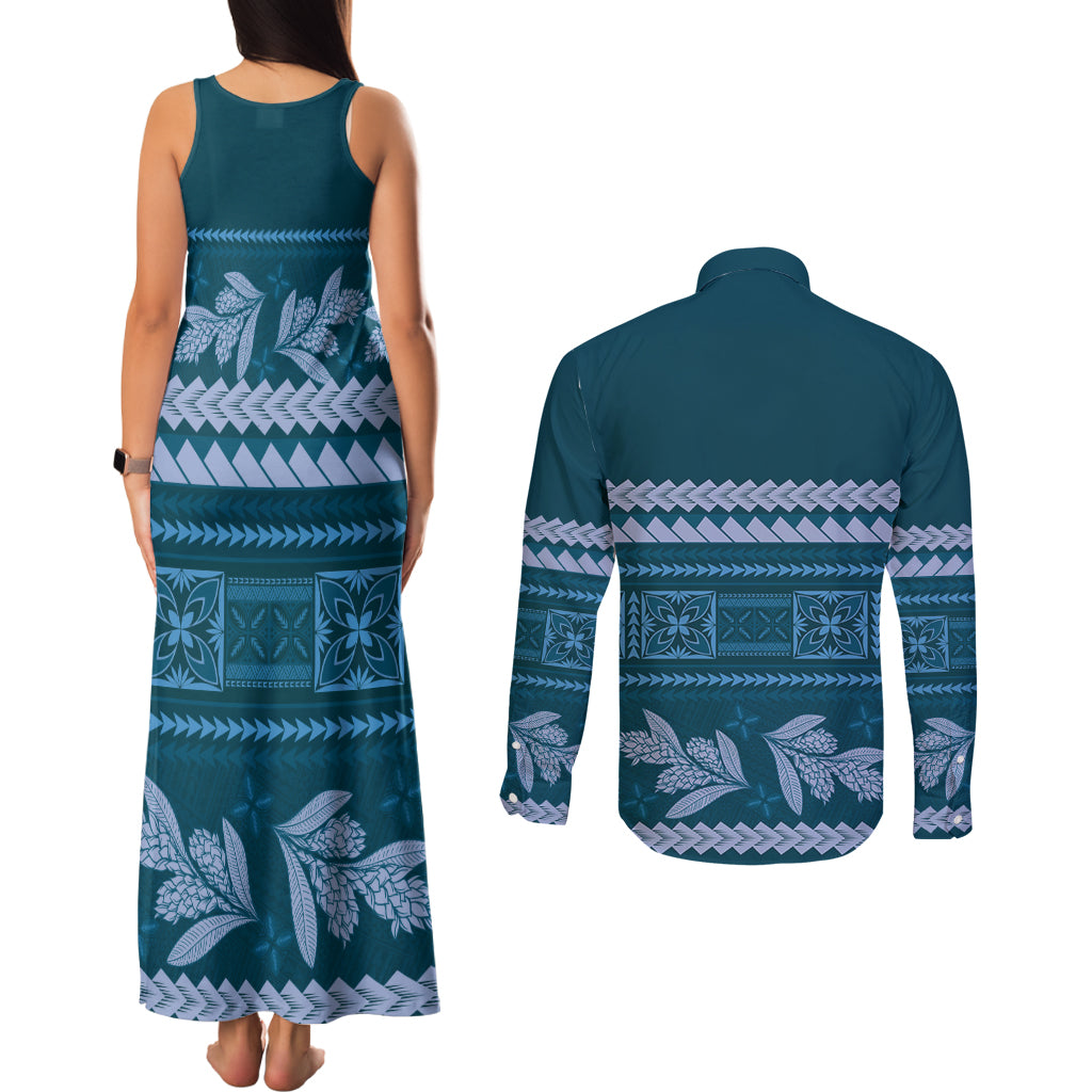 Dark Cyan Samoa Siapo Teuila Flowers Couples Matching Tank Maxi Dress and Long Sleeve Button Shirt